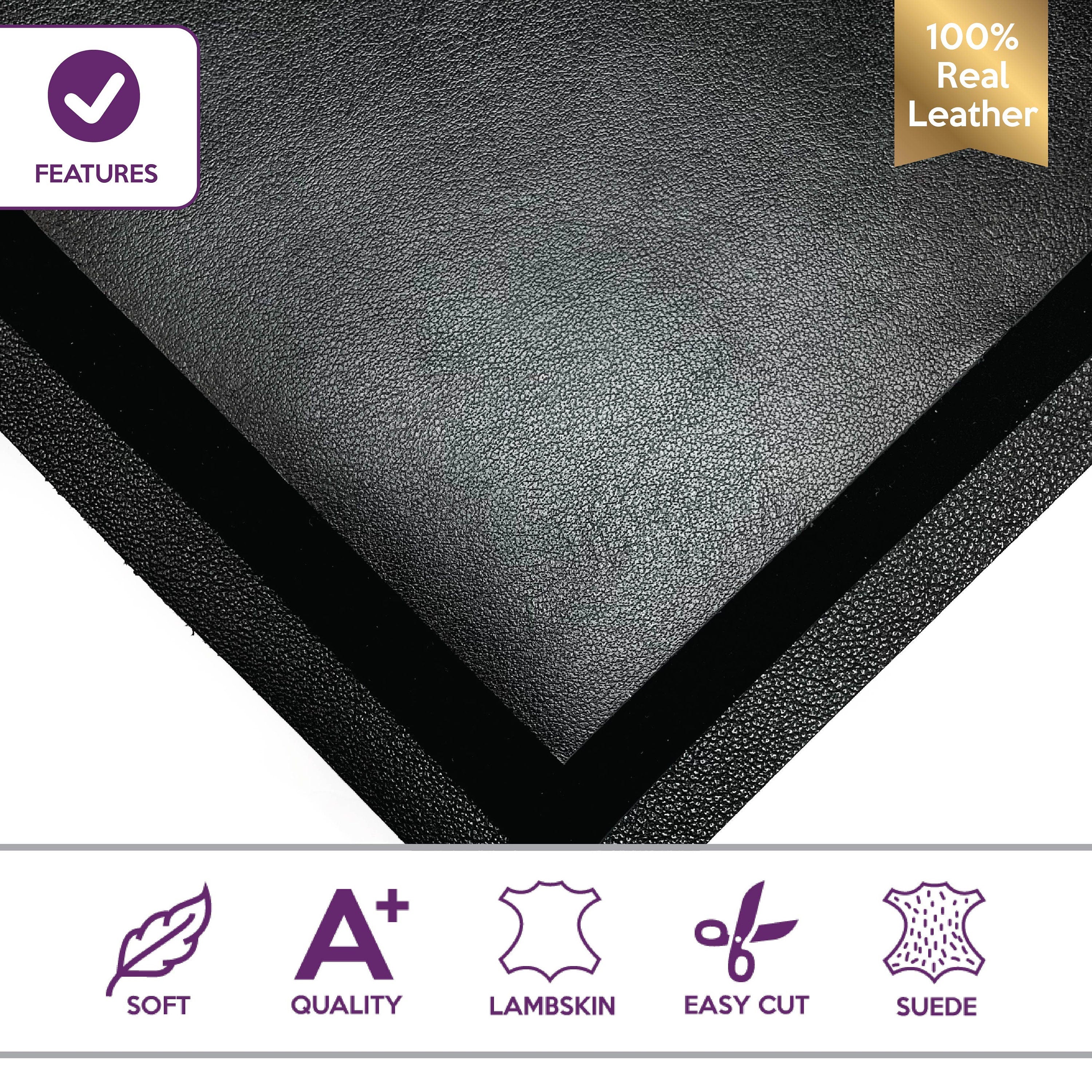 3 Black Genuine Leather Pieces  5x5 inches - Plain Lambskin, Suede
