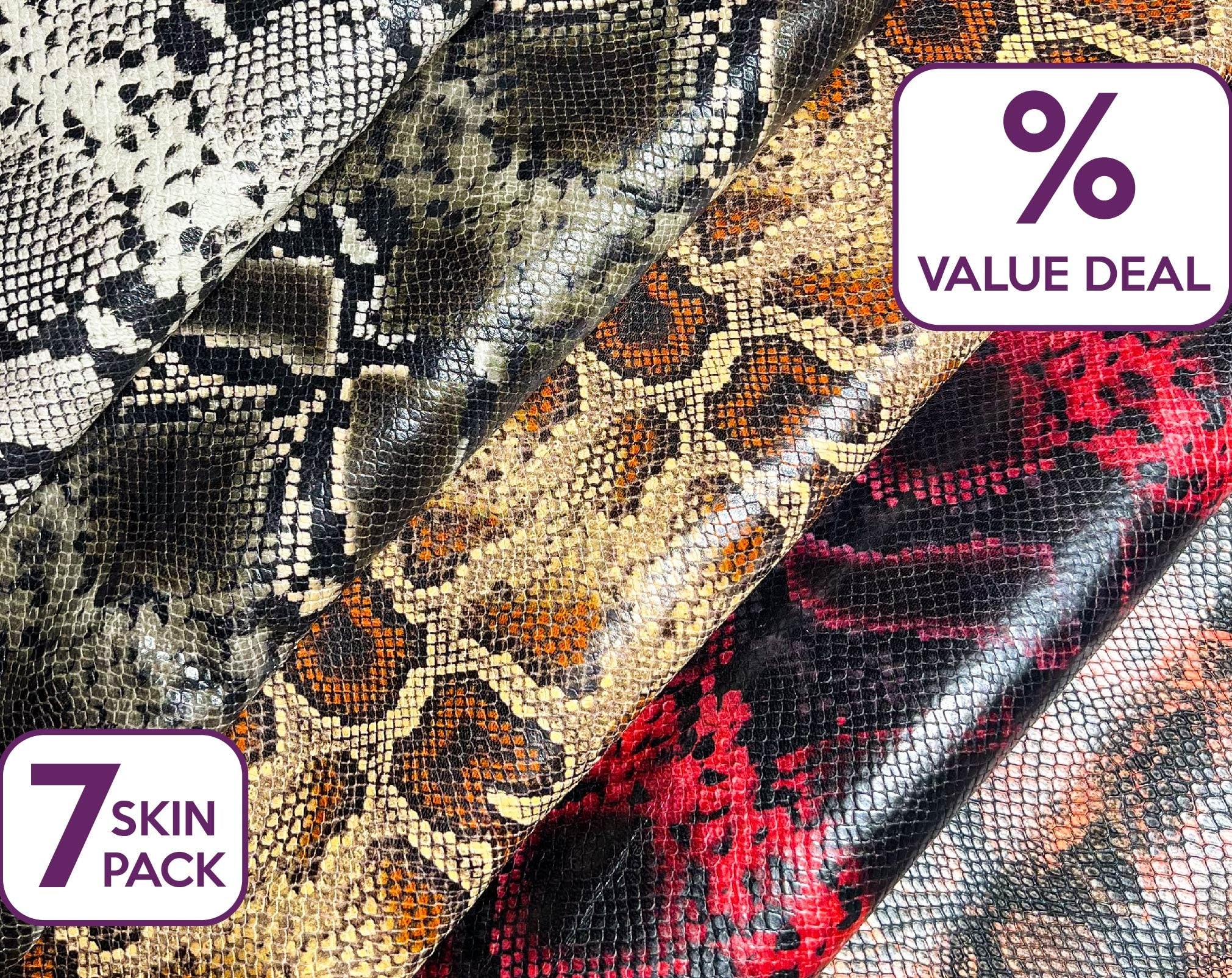 Realistic Snake Print Lambskin Leather With Embossed Scales Bundle of 7 Full Skin