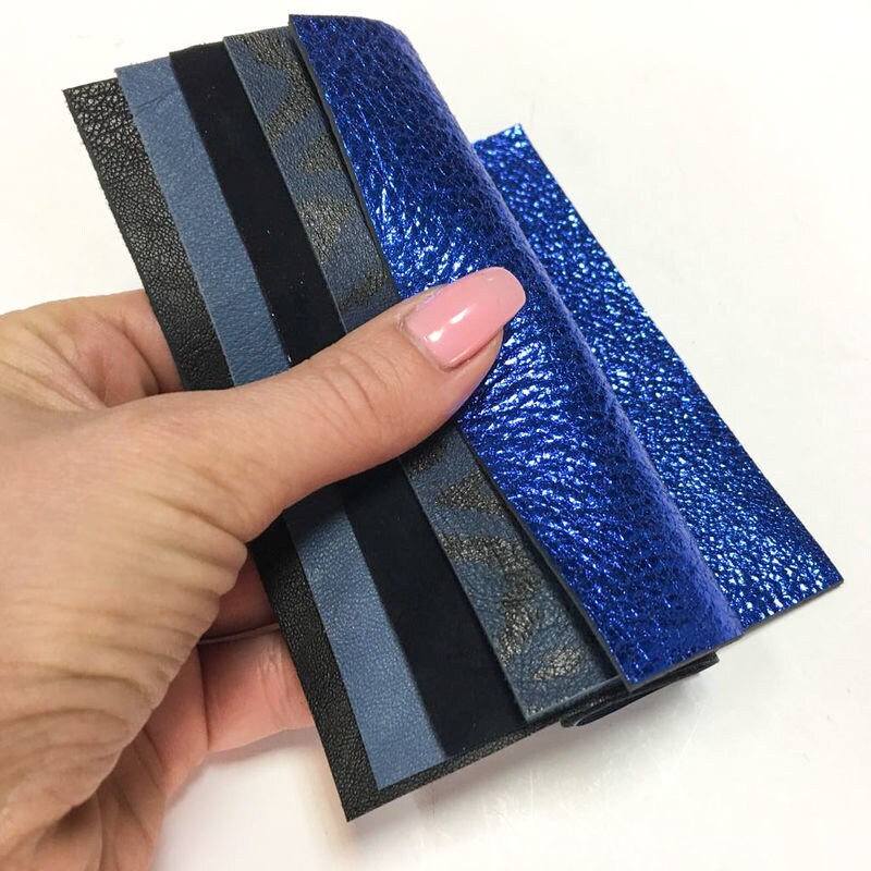 5 pcs Of Textured Blue Snake, Metallic, Black 5x5in Leather Pieces
