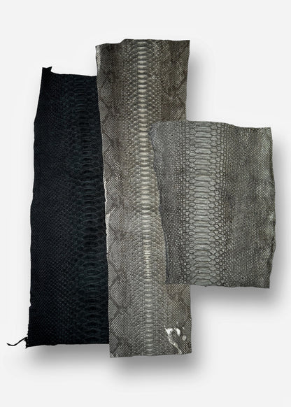 Real Python Leather Scraps 80gr // 2.4oz Mix Of 3 Pieces Taupe, Black, Gray Remnants