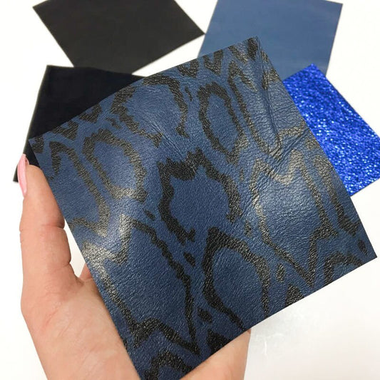 5 pcs Of Textured Blue Snake, Metallic, Black 5x5in Leather Pieces